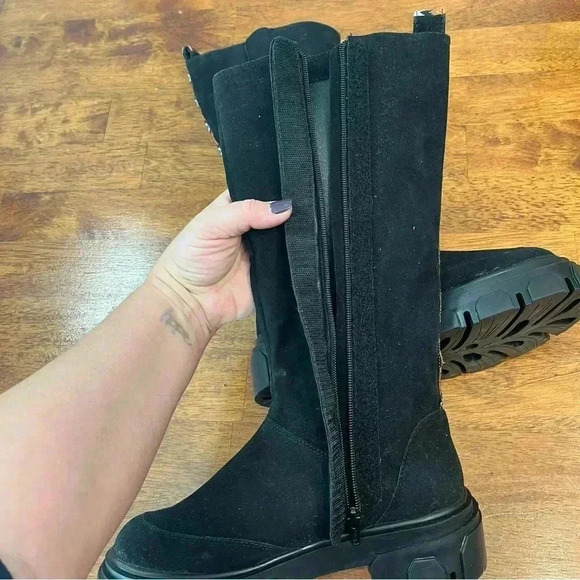 New Farm Rio Anthropologie tall black suede lug sole boots embroidered back sz 7 - Picture 12 of 13